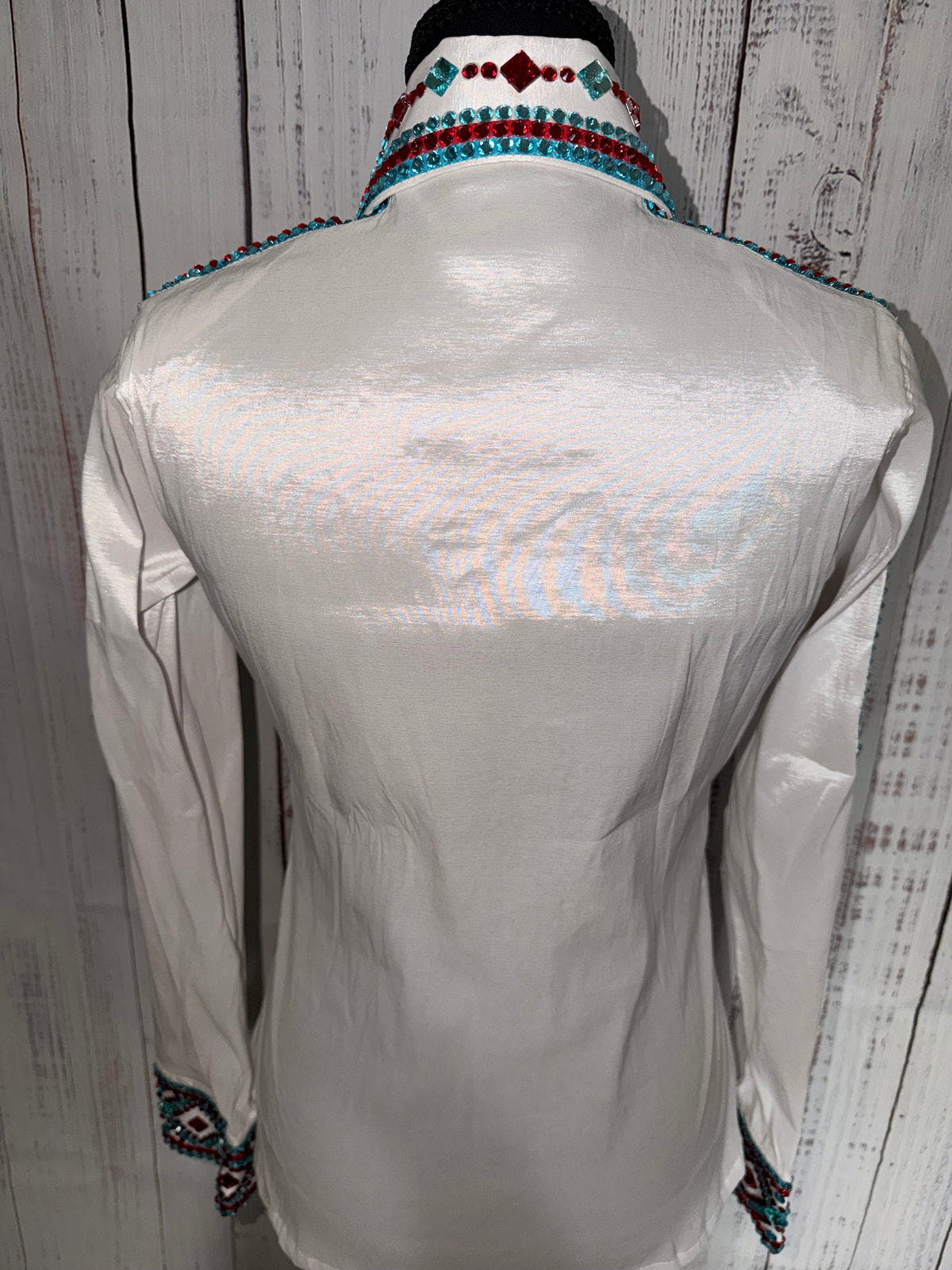 Small “Gwyneth” white taffeta, red/blue half sleeve