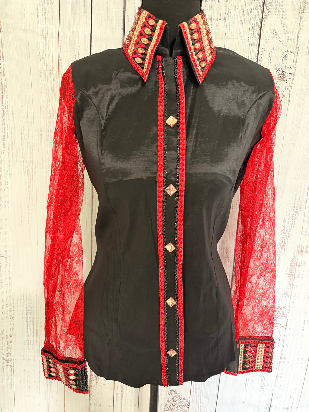 Medium Black Taffeta / Red Lace sleeves