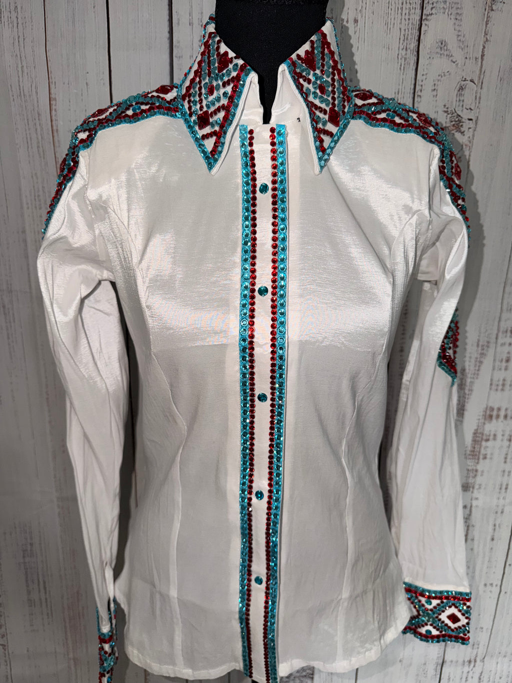 Small “Gwyneth” white taffeta, red/blue half sleeve