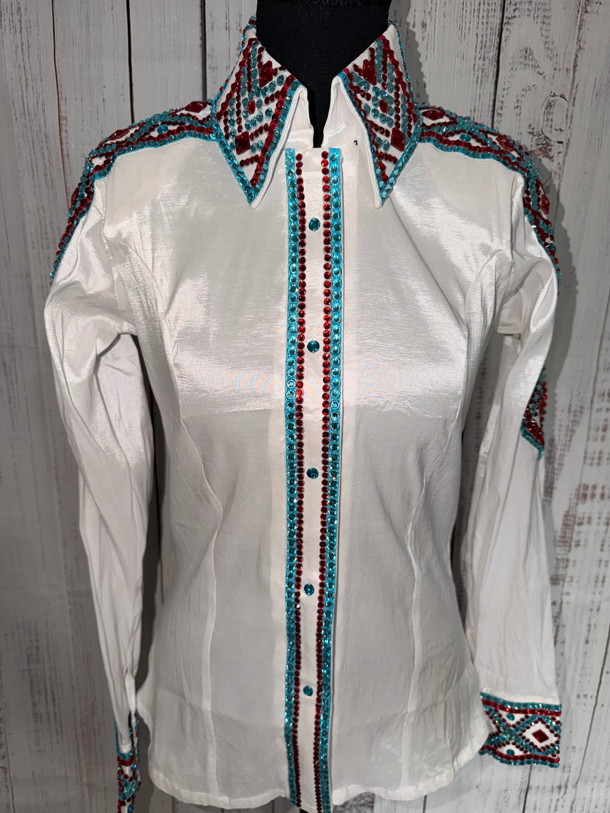 Small “Gwyneth” white taffeta, red/blue half sleeve
