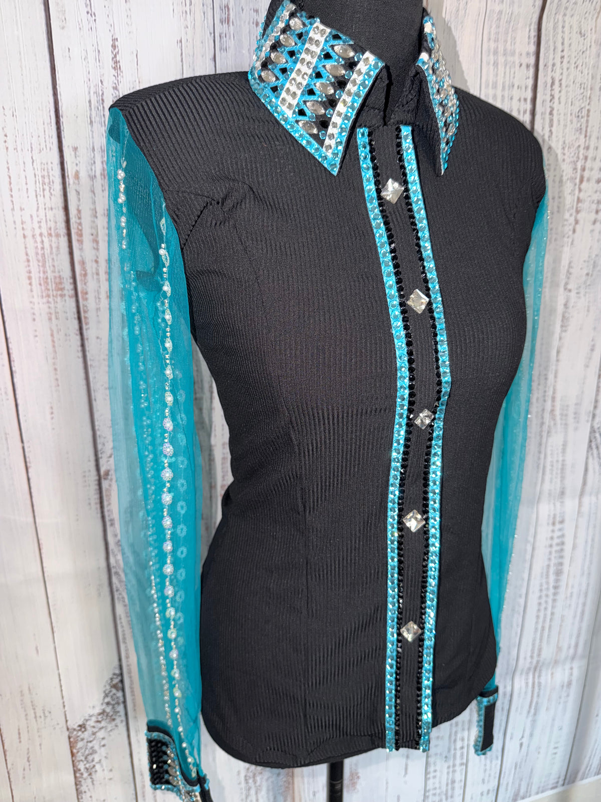 Small Black Ribbed Lycra / Turquoise Lace Sleeves cuff/collar