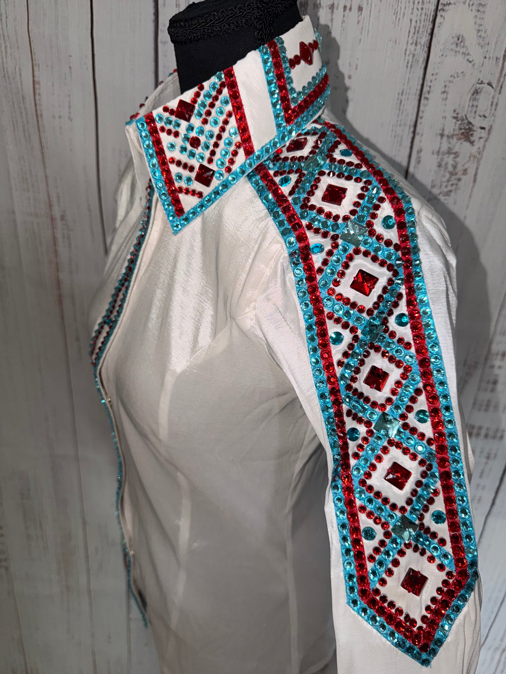 Small “Gwyneth” white taffeta, red/blue half sleeve